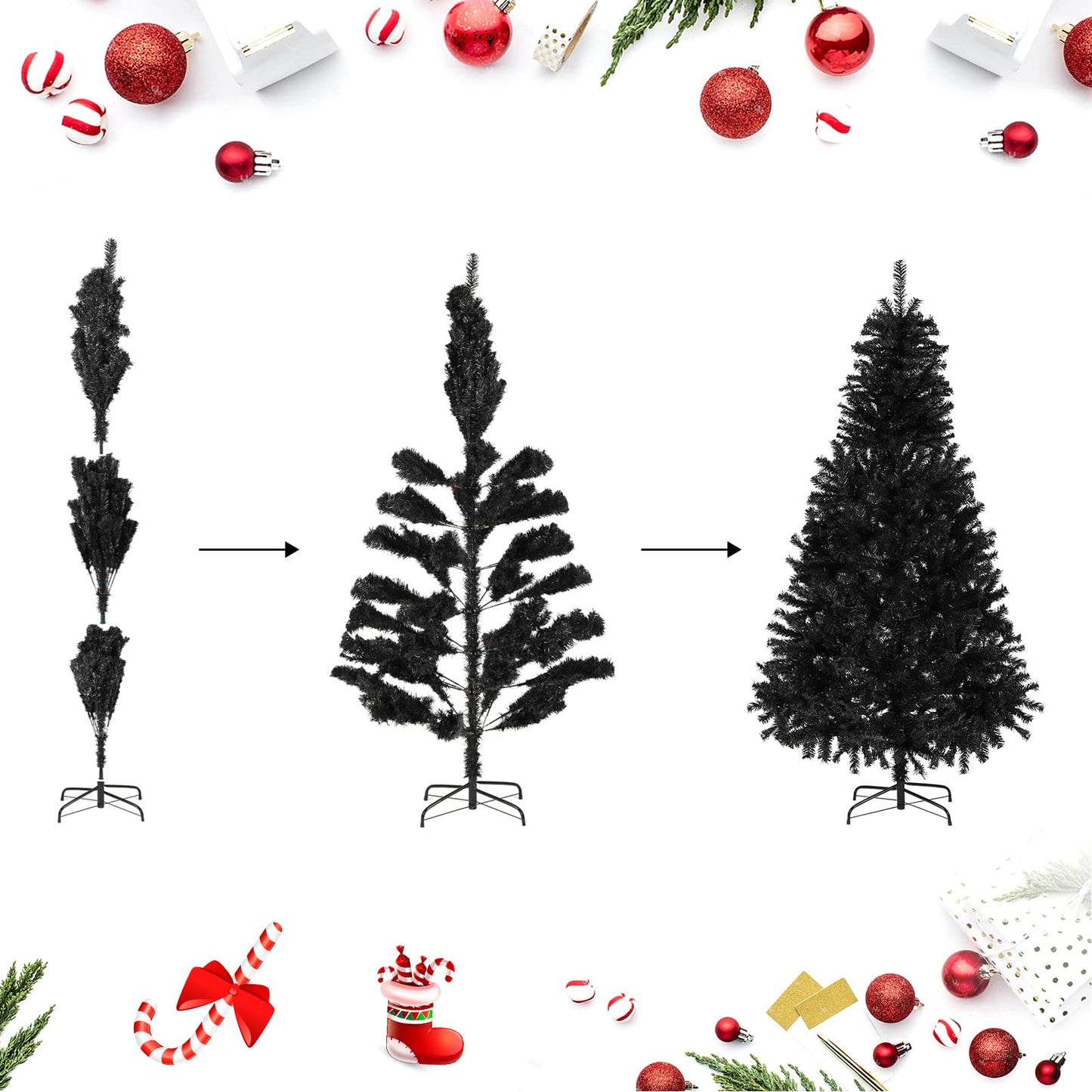SALCAR Artificial Christmas Tree 180 cm Black, Artificial Pine Tree with Gloves and Metal Stand, Christmas Trees as Indoor Christmas Decorations