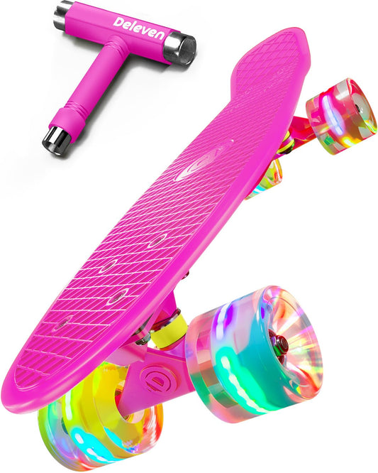 Deleven Skateboard with LED wheels, skate tool, and ABEC 7 bearings - for kids, adults, beginners - 56 cm.