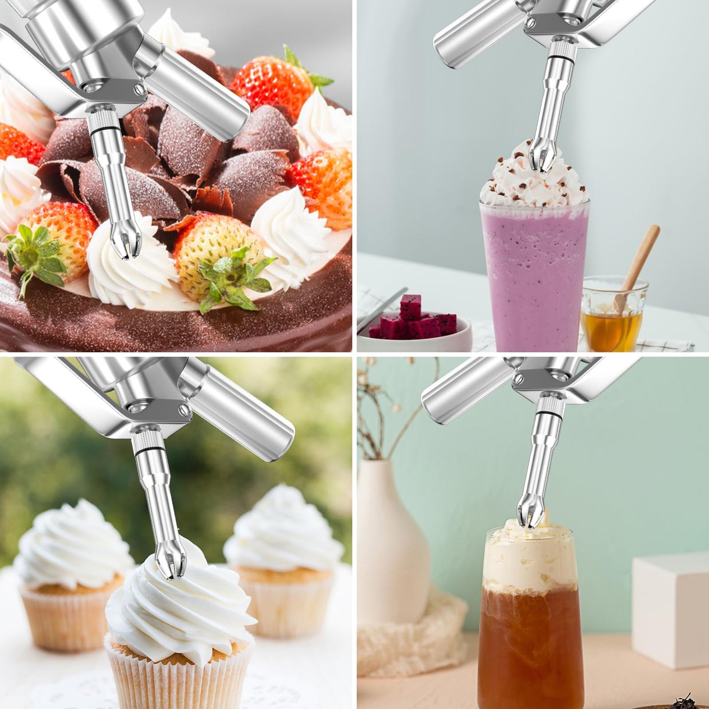 Newaner 500ml cream dispenser, cream syphon aluminum with 3 stainless steel decorative nozzles and 1 cleaning brush, leak-proof cream siphon for preparing whipped cream, cream, mousse, and desserts.