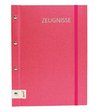 ROTH Certificate Folder Metal Pink with Binding Screws - includes 12 A4 clear pockets, expandable.