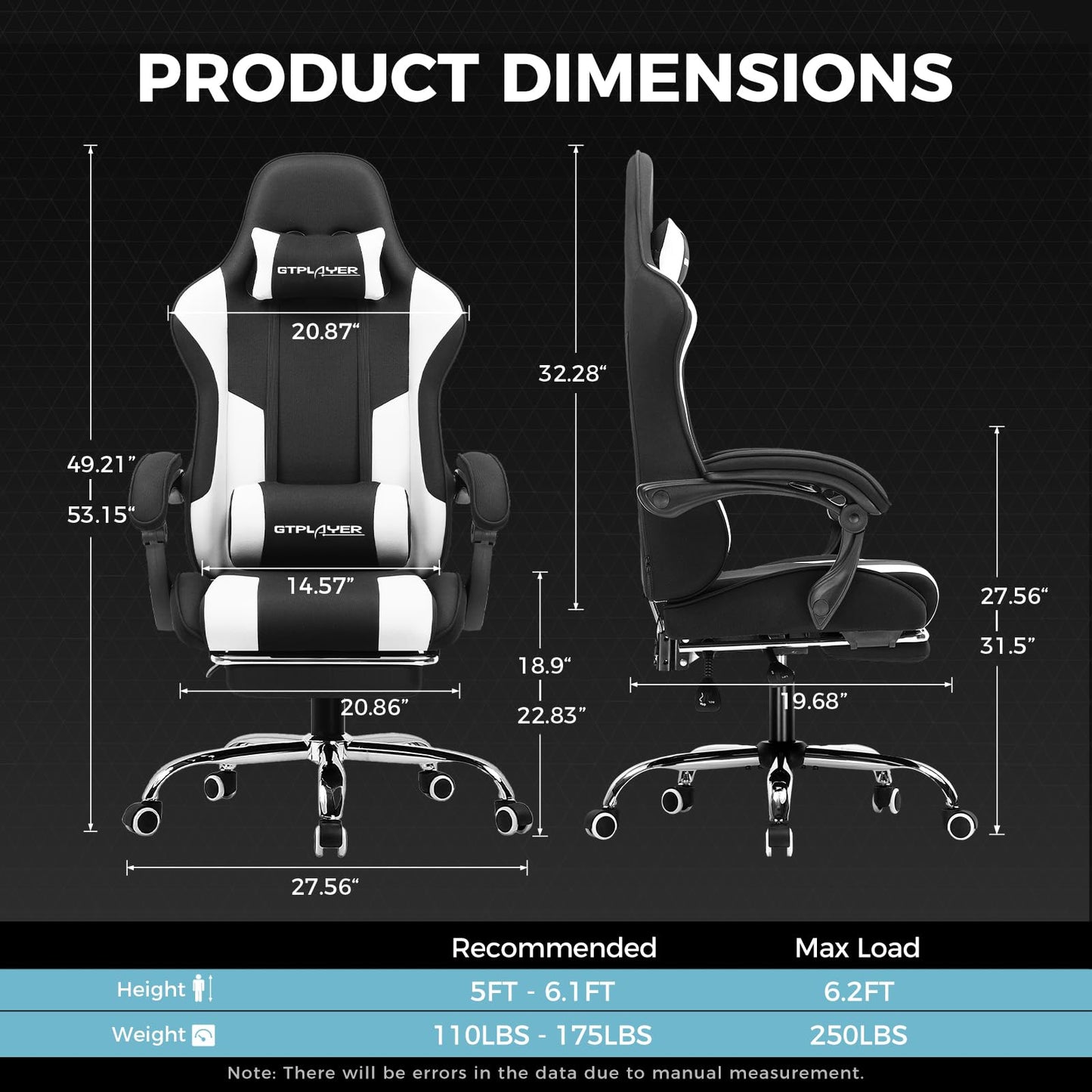 GTPLAYER fabric gaming chair, office chair with massage gaming armchair ergonomic gamer chair with footrest, headrest massage lumbar cushion, padded gaming chair, swivel chair, white