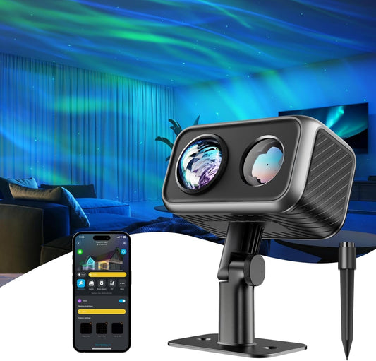 Govee Outdoor Laser Projector, Aurora Northern Lights Projector, 16 RGB modes, Tri-color Sports Laser, RGBW Aurora Lamp, 50+ festive and everyday scene modes, works with Alexa, Google Assistant.