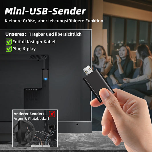 The makemate BKM400 wireless headphones for TV come with a USB transmitter set, no audio delay, plug-and-play, 50m range, clear sound, 20-hour battery life, in black.