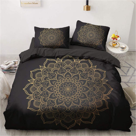 Luowei Boho bedding 135x200 black gold mandala pattern bedding set microfiber vintage bohemian duvet cover with zipper and 1 pillowcase 80x80 cm
