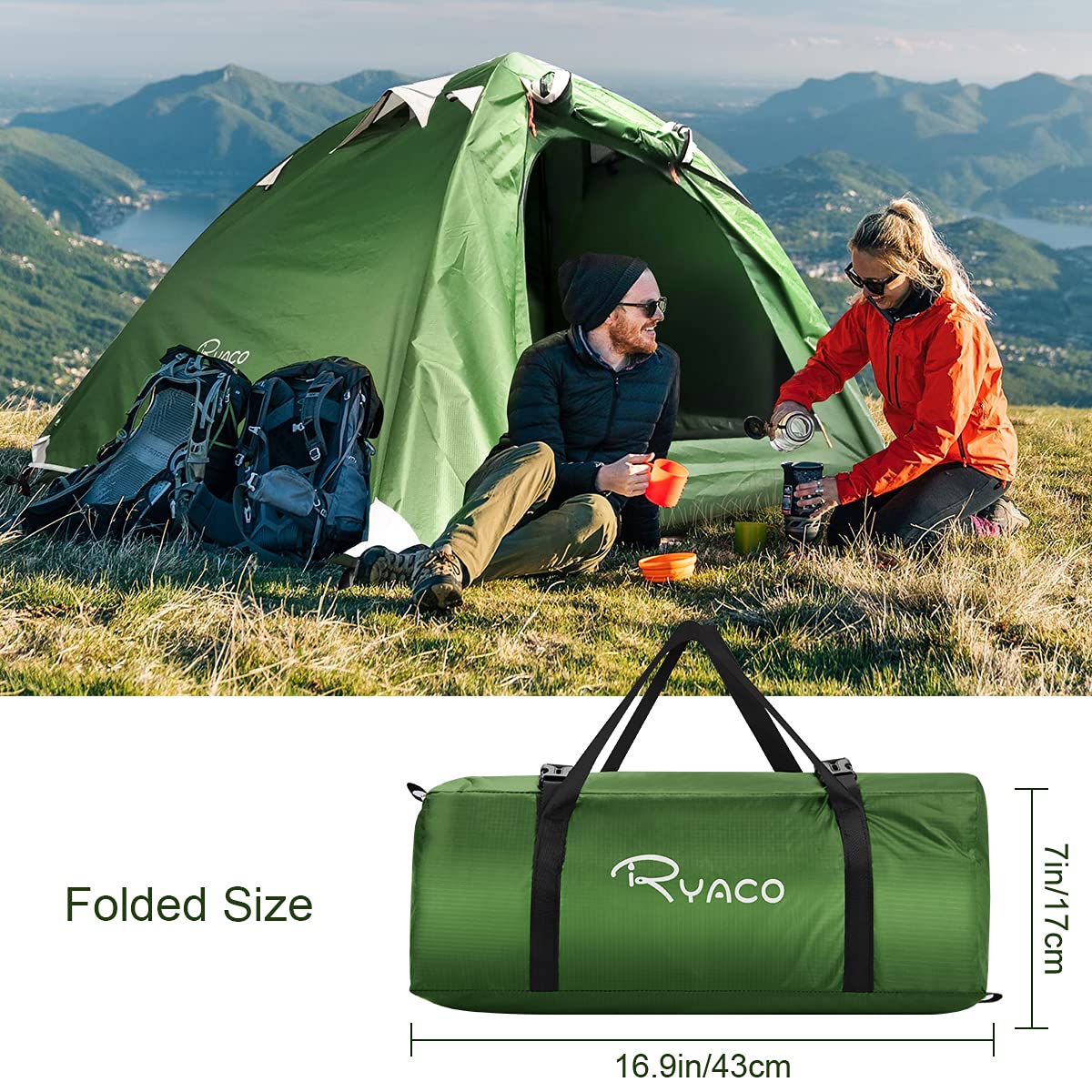 RYACO Tent 2-3 Person Camping Tent, 2 Doors Waterproof & Windproof 3-4 Season Ultralight Tents for Adult Camping, Backpacking, and Outdoor Hiking Gear