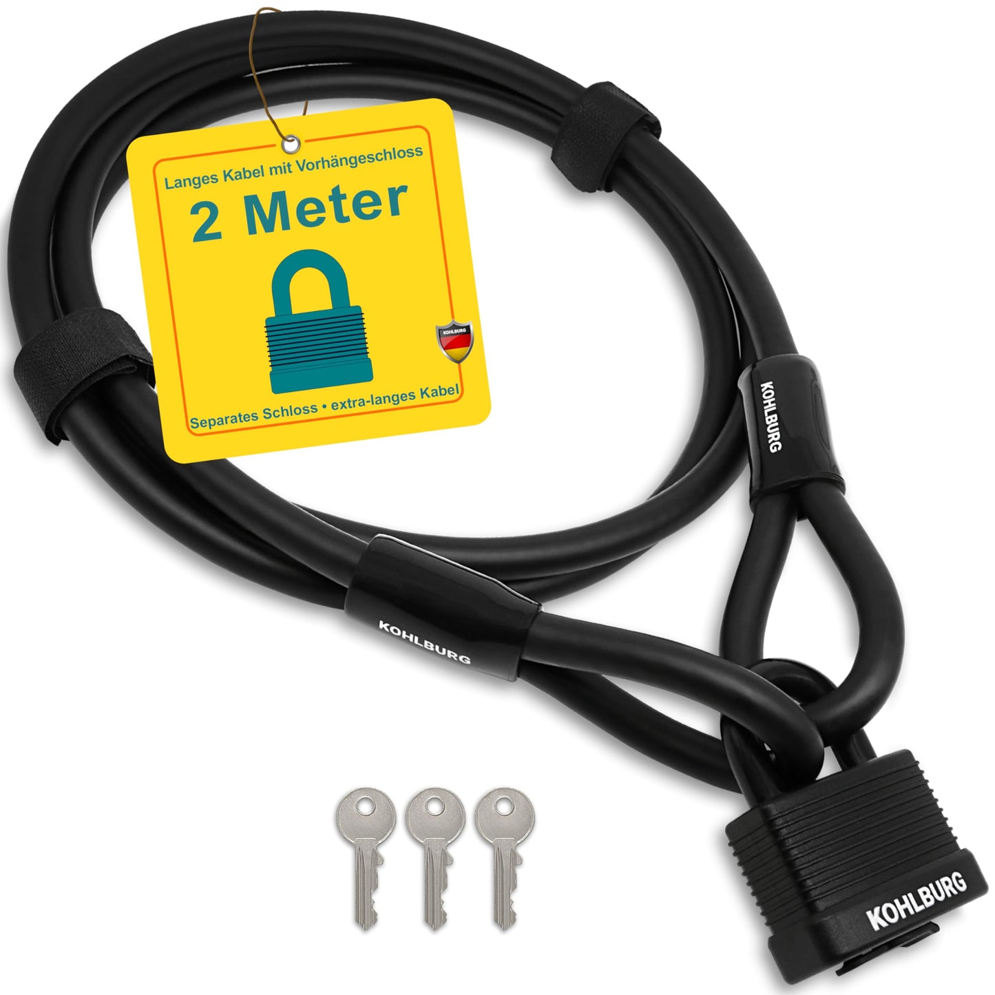 Kohlburg cable lock 2 meters long - lock with key easy to close - 2m loop cable for bike & garden furniture - steel cable 200 cm as bike lock, trailer & stroller
