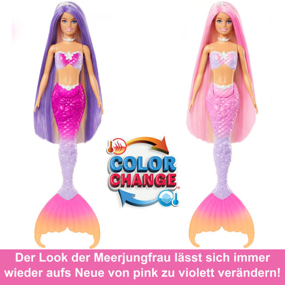 Barbie Mermaid Doll - Inspired by the TV series "Barbie: A Hidden Magic", with color-changing effect and accessories, 19 cm long pink hair for styling, for children aged 3 and up, HRP97