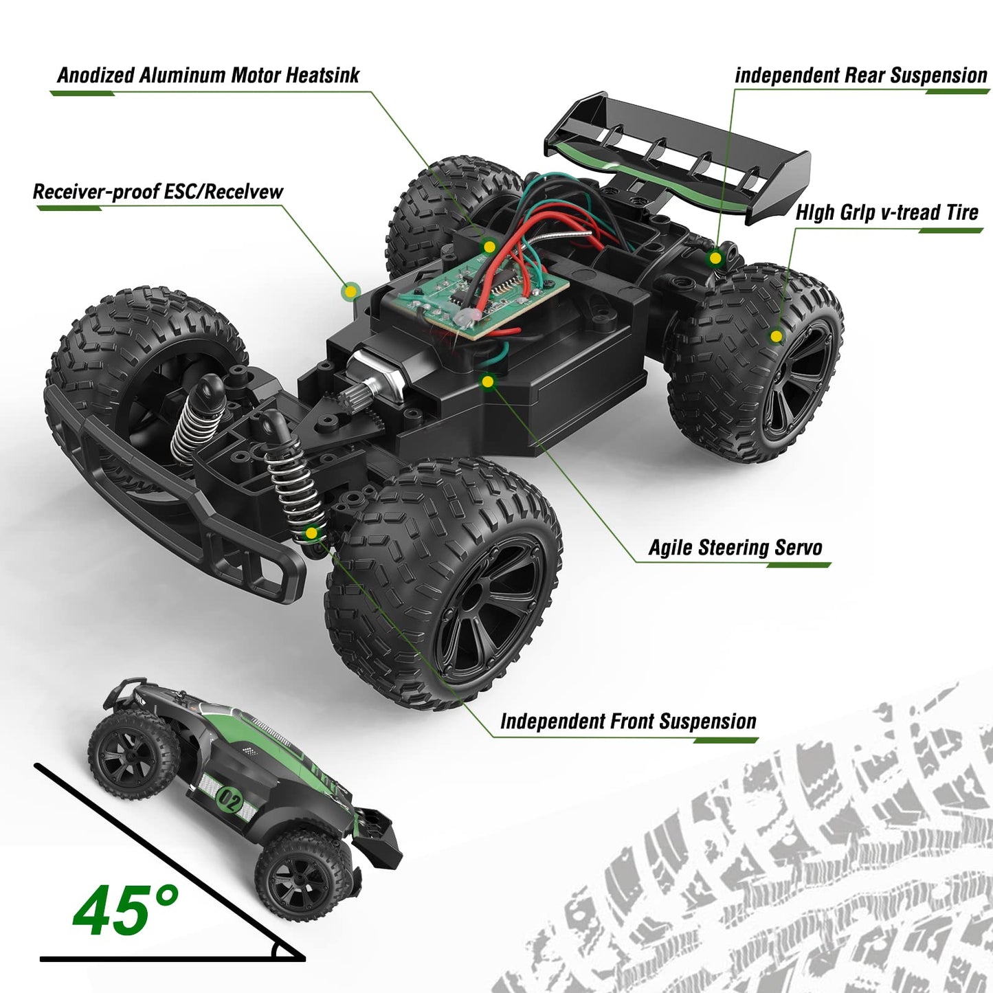 Kizeefun Remote Control Car, RC Car for 3 4 5 6 7 8 9 Year Old Kids, 2.4Ghz Off-Road RC Crawler 70+ Minutes Playtime (2 Batteries Included), Birthday Gift for Boys Girls (Green)