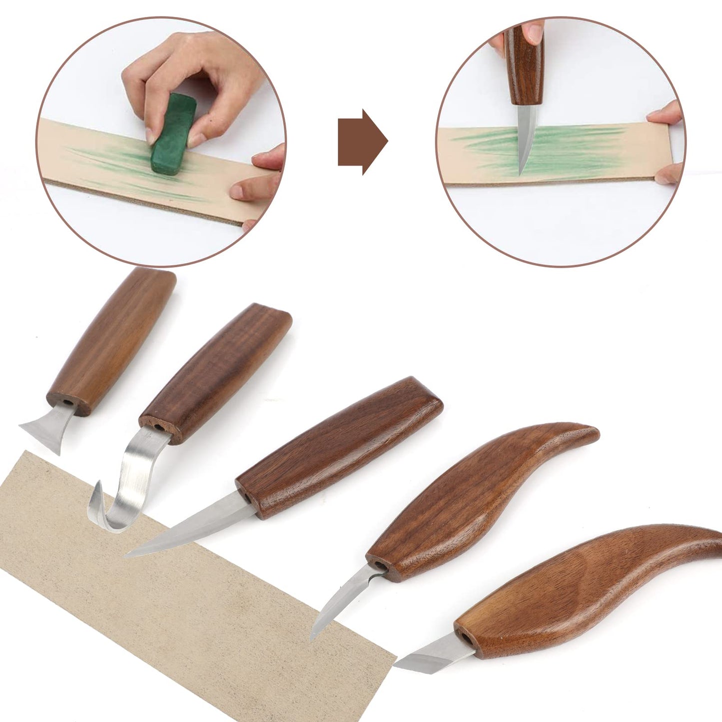 Wood Carving Tool Set, 10 in 1 carving knife set with 5* knife carving chisel, cut-resistant gloves, oil wax, polishing tape, Ideal carving set for beginners and professionals.