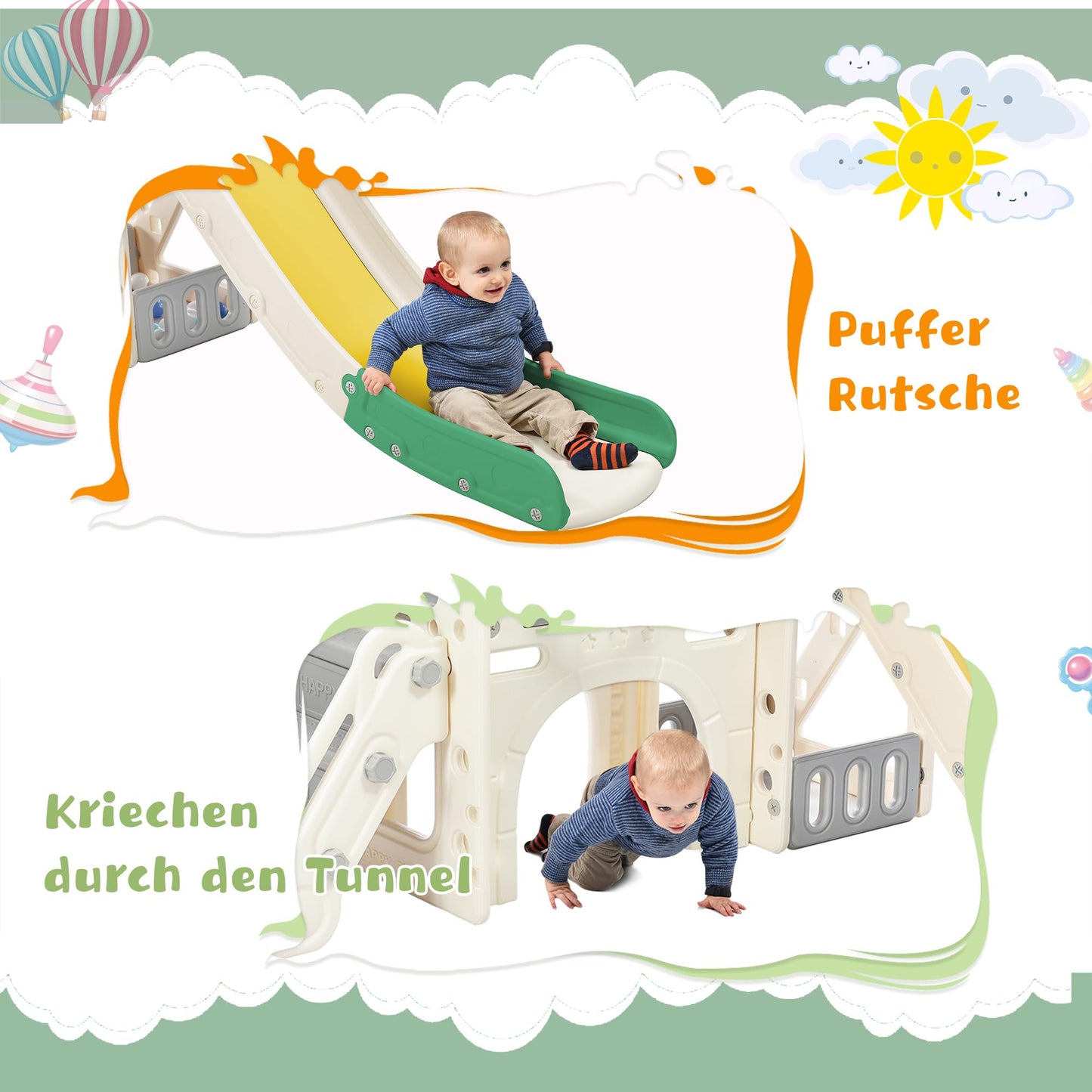 5 in 1 children's slide for indoor and outdoor use for ages 1-6. Playground for kids with long slide, storage box, tunnel, stairs, basketball hoop, and passageway. Green garden slide.