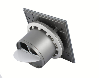Bathroom fan with integrated backdraft damper, glass front, powerful 105 m³/h, very quiet 39 dB, ball bearings, made in EU. Available in white or silver (105 m³/h).