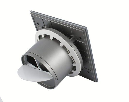 Bathroom fan with integrated backdraft damper, glass front, powerful 105 m³/h, very quiet 39 dB, ball bearings, made in EU. Available in white or silver (105 m³/h).