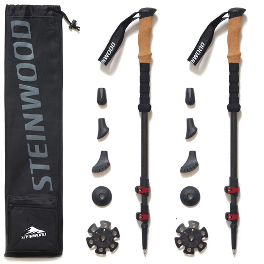 Steinwood Premium Carbon Trekking Poles - Telescopic Hiking Poles for Men and Women - Ultralight Carbon Walking Stick with Cork Grip and Rubber Tips Set