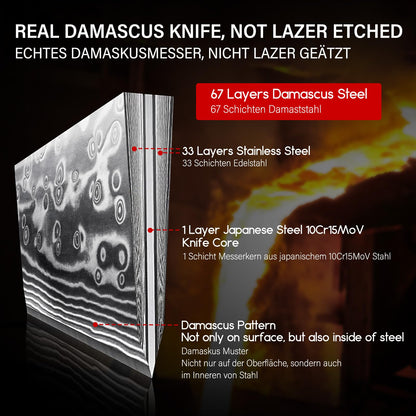 SHAN ZU 3-piece Damascus Knife Set, made of Japanese super steel with high carbon content. It features a G10 handle and comes in a gift box.