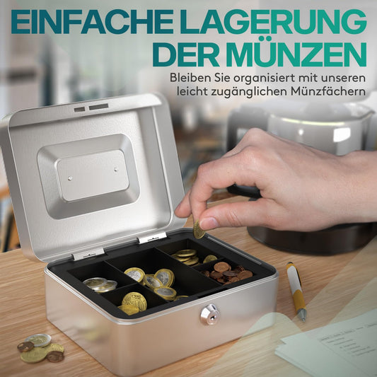ACROPAQ Lockable Cash Box - Cash Register with Coin Counting Tray, Small 16 x 20 x 9 cm - Lockable Box, Money Safe, Cash Case suitable for Money Storage - Silver - 10001S