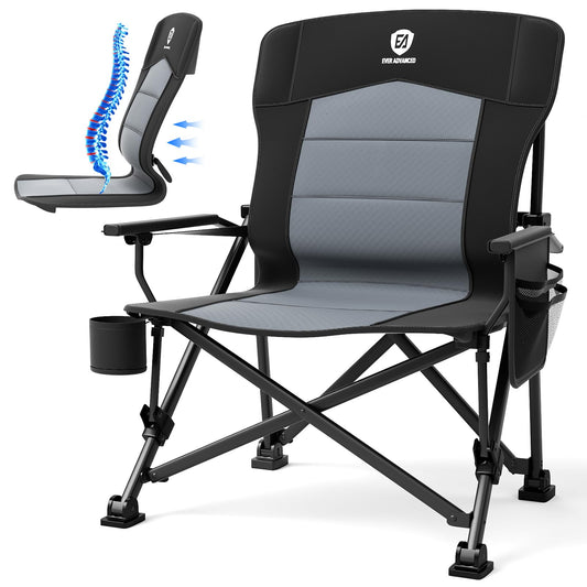 Ever Advanced folding camping chair supports up to 230KG. XL size with lumbar support, 62cm wide seat, side pocket, and drink holder. Great for camping, outdoor activities, balcony, and garden.