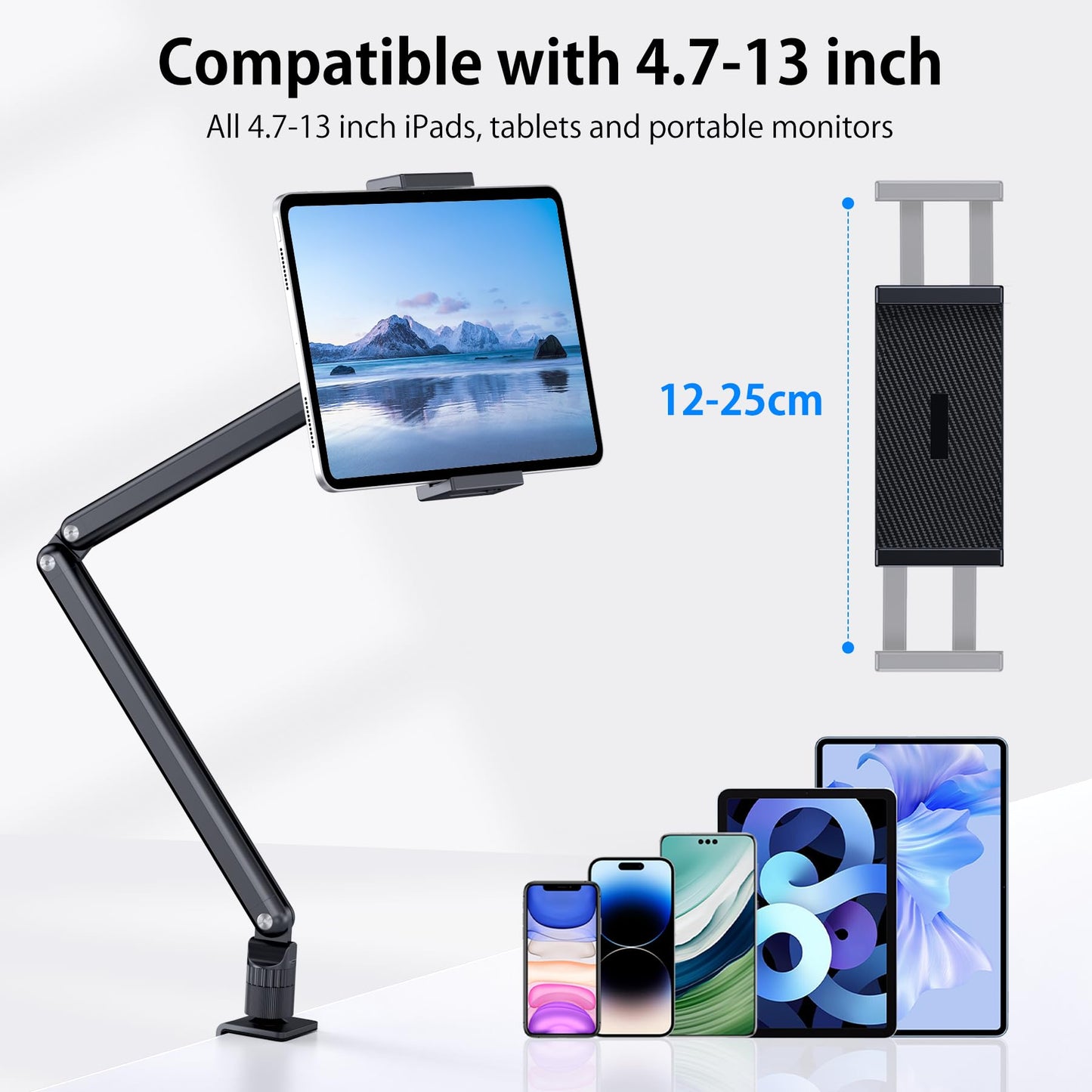 CreaDream tablet stand holder, aluminum iPad desk mount, tablet arm holder with 360° swivel metal base, suitable for iPad Air Pro Mini, Samsung Galaxy, Kindle, all 4.7-13 inch devices.
