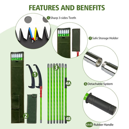 8m telescopic tree pruner with adjustable length handsaw, cuts cleanly and quickly for high branches. Includes carrying bag for easy transport. Great tool for garden maintenance.
