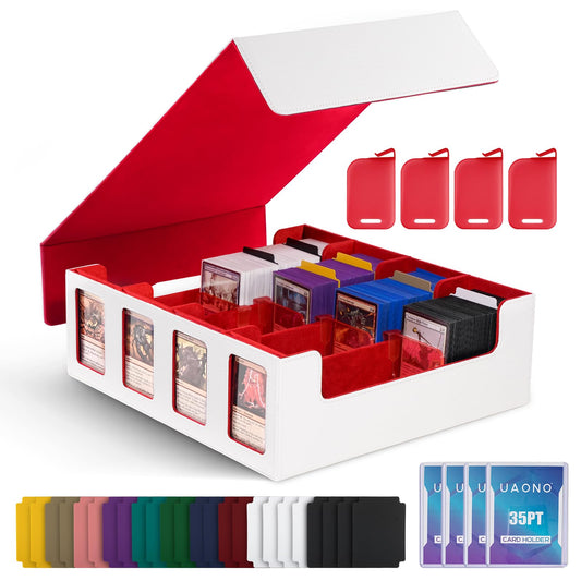 UAONO Trading Card Storage Box with Commander Display; 2400+ Deck Box for MTG with removable lid; Toploader card box for Magic TCG, PTCG, sports cards; 24 dividers, 4 stop blockers - White/Red