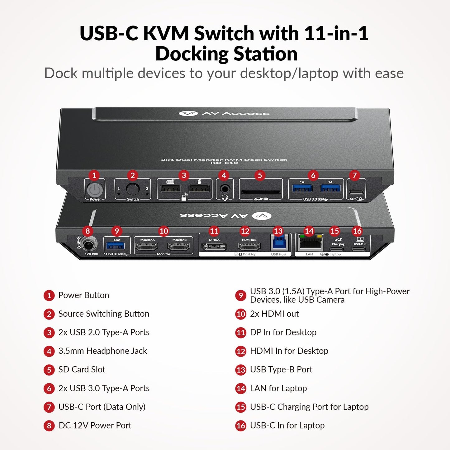 AV Access docking station with KVM switch for laptop & desktop, 100W charging, 4K@60Hz dual monitor HDMI, 3xUSB 3.0, USB-C, 1G Ethernet, EDID support, SD, 3.5mm AUX audio, fast switch 2 computers