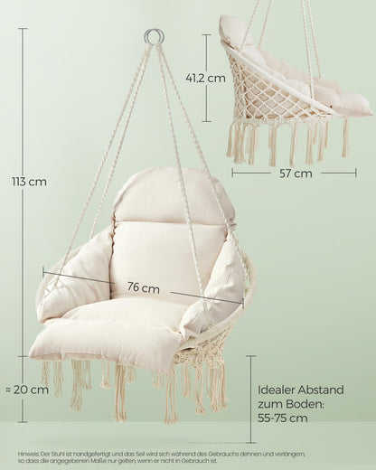 SONGMICS Hanging Chair, Swing Chair, Hammock Chair, Thick Cushion, Scandinavian Style, for Living Room, Patio, Garden, Balcony, Holds up to 120 kg, Accessories Included, Cream White GDC042M01
