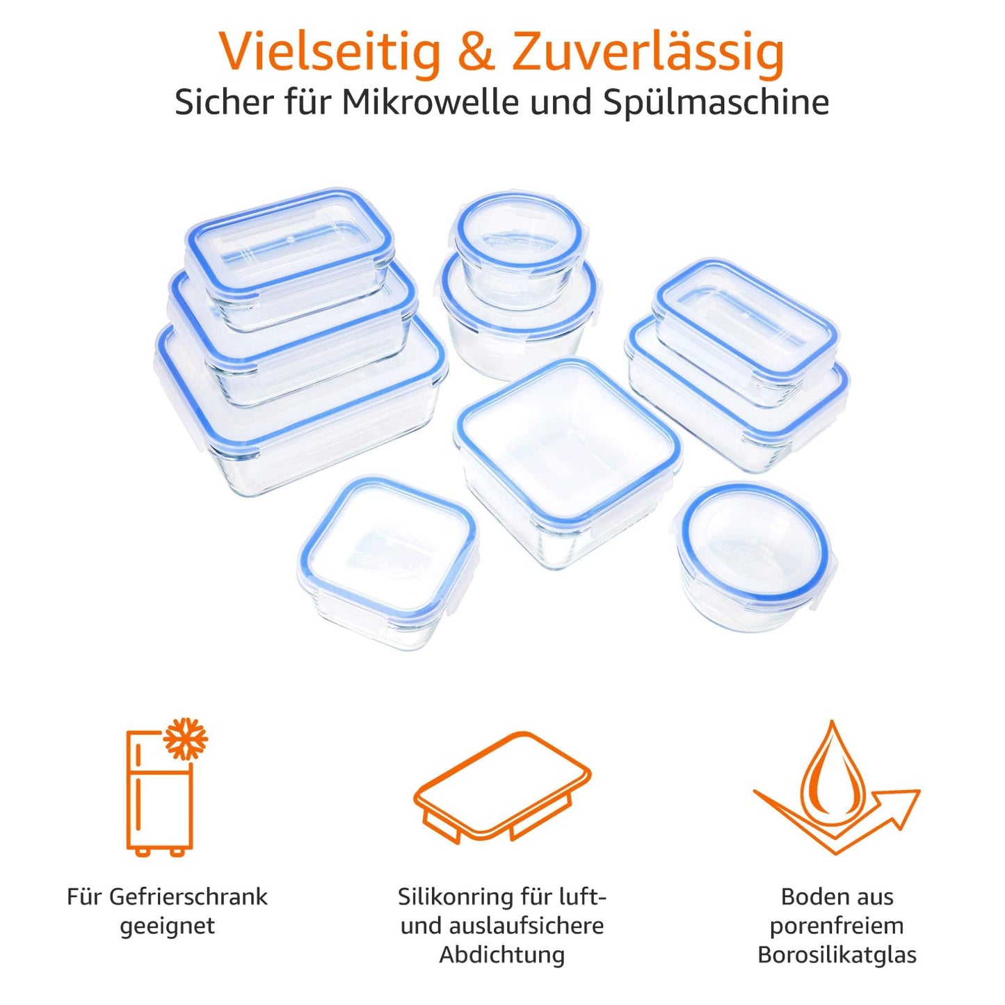 Amazon Basics leak-proof glass containers with locking lids, 20-piece set including 10 containers and 10 plastic lids, transparent, blue, BPA-free.