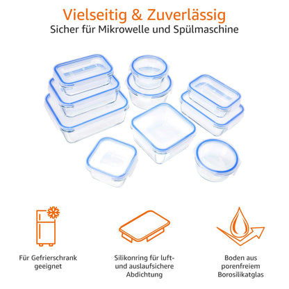 Amazon Basics leak-proof glass containers with locking lids, 20-piece set including 10 containers and 10 plastic lids, transparent, blue, BPA-free.