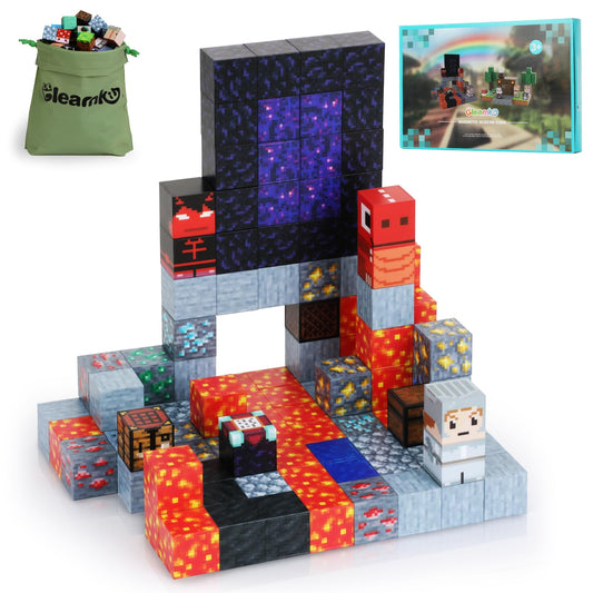 Gleamkid Magnetic Building Blocks, 115 Pieces Magnetic Blocks, Build Lava River, Volcano, Dinosaur World Adventure Block Game for Boys and Girls Ages 3+