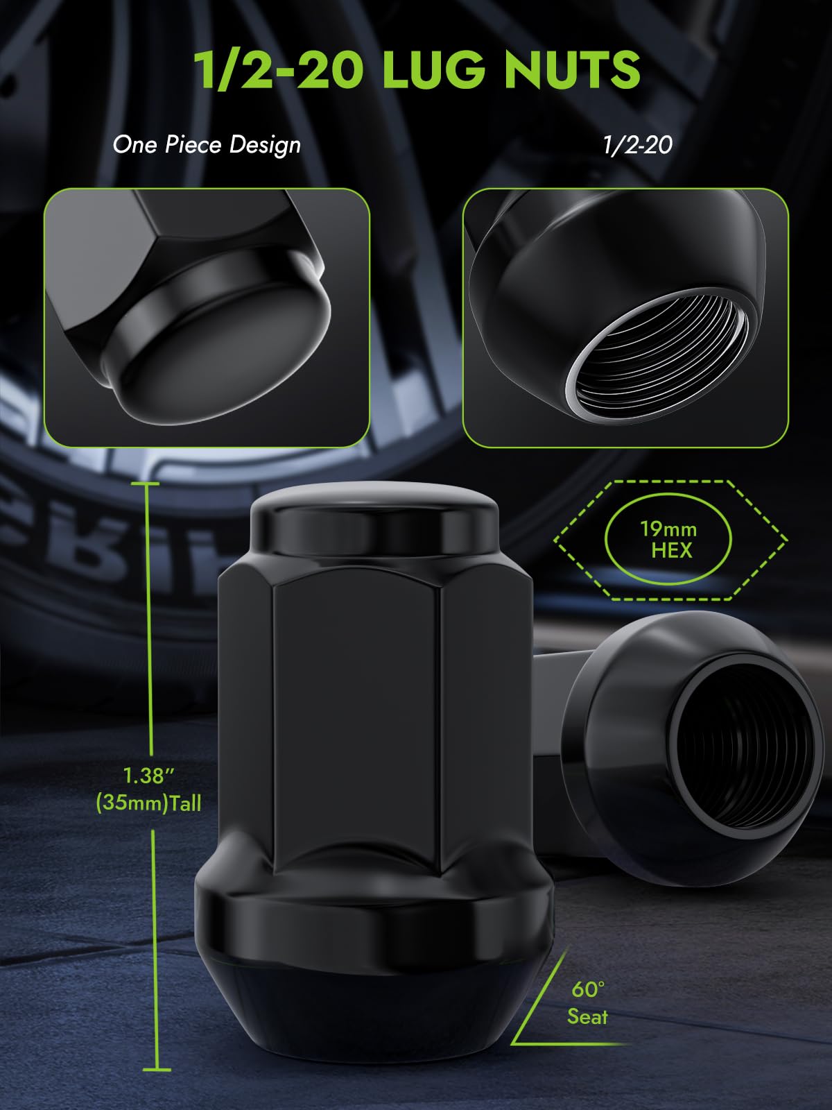 Automotive Parts 1/2-20 Wheel Nuts - Replacement for Jeep Wrangler JK, 2002–2012 Liberty, 1993–2010 Grand Cherokee, black, 19mm hex, 3.5cm tall, 1/2-inch-20 closed end, aftermarket wheel nuts (20)