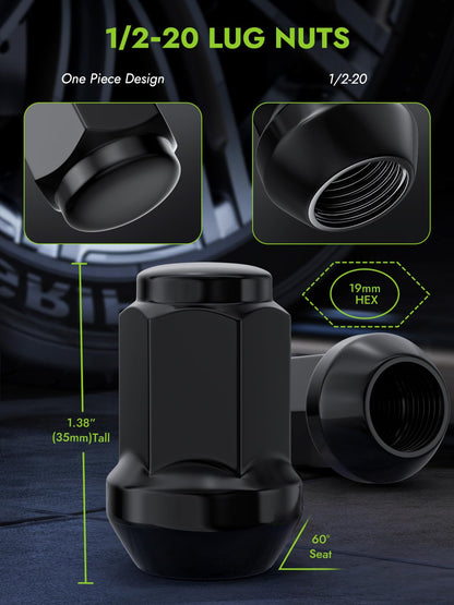 Automotive Parts 1/2-20 Wheel Nuts - Replacement for Jeep Wrangler JK, 2002–2012 Liberty, 1993–2010 Grand Cherokee, black, 19mm hex, 3.5cm tall, 1/2-inch-20 closed end, aftermarket wheel nuts (20)