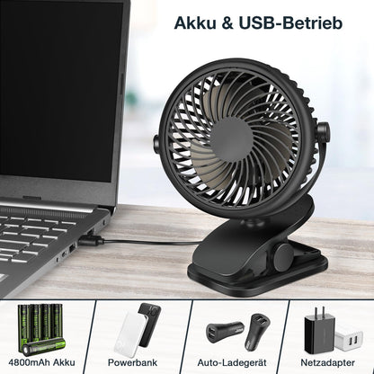GMGXX USB fan, Portable 4800mAh battery fan, Mini fan with clip & 3 speeds, 720° rotatable fan quiet for bedroom, office, car, camping, stroller