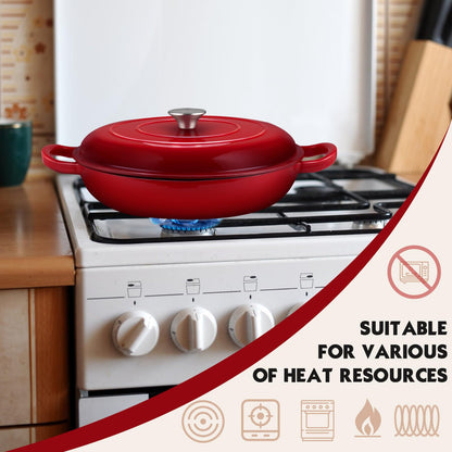 Overmont Dutch Oven Cast Iron Pot 30cm - Enamel Roaster with Lid oven suitable - with cooking book - for kitchen baking stewing roasting Red