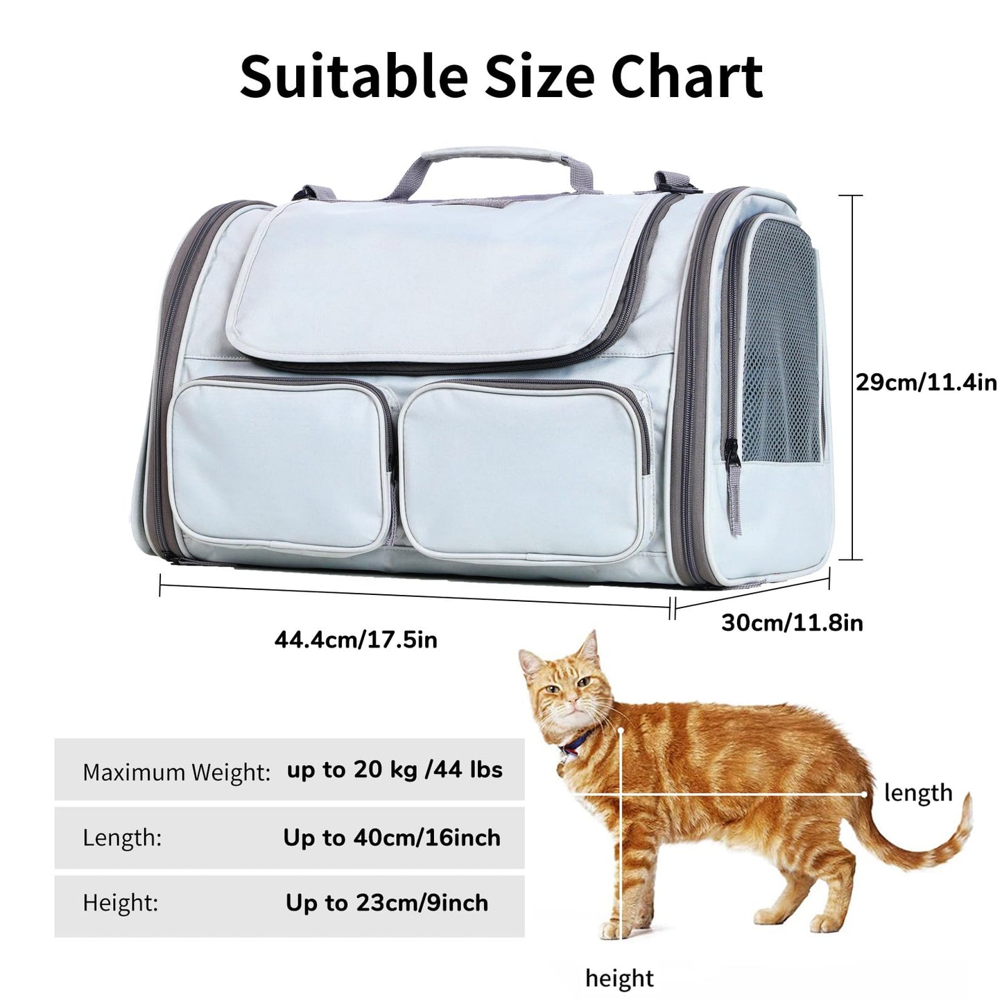 FUKUMARU Cat Carrier, Foldable Pet Carrier, Dog Carrier with Travel Bag, Carrier for Cats/Dogs up to 22 lbs, Light Gray, Large