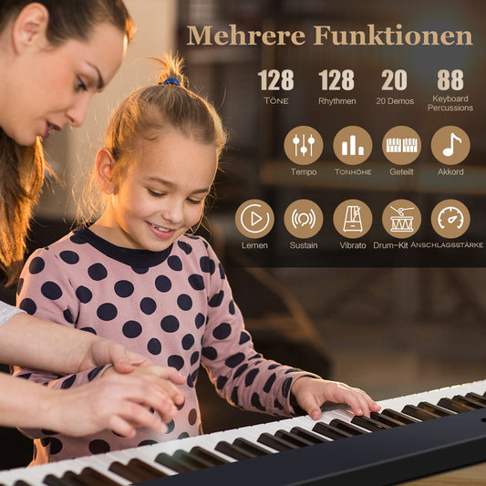 COSTWAY 88-Key Electric Piano Keyboard, Foldable, Portable Digital Keyboard (128 rhythms, 128 tones, and 20 demos) Digital Piano Set for Kids and Adults (Black)