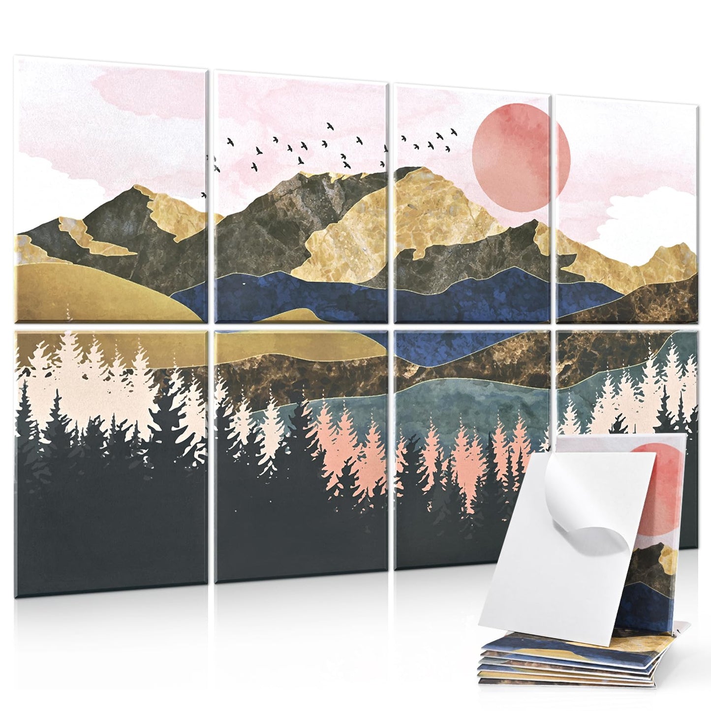 Yrendenge 8 pieces of acoustic panels, self-adhesive soundproof acoustic panels, high-density acoustic panel soundproofing wall panels, 30x40x0.9cm sound absorber wall office wall decoration (mountains trees)