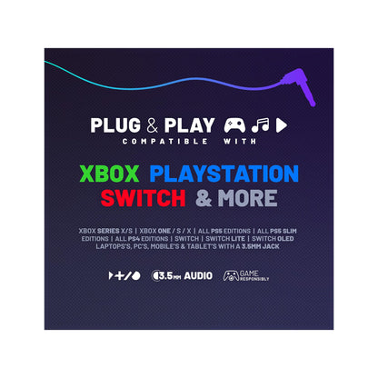 Stealth C6-100 LED Over Ear Gaming Headset for PS4/PS5, Xbox, Nintendo Switch, PC. Features flexible microphone, 3.5mm jack, 1.5m cable, lightweight, comfortable and durable.