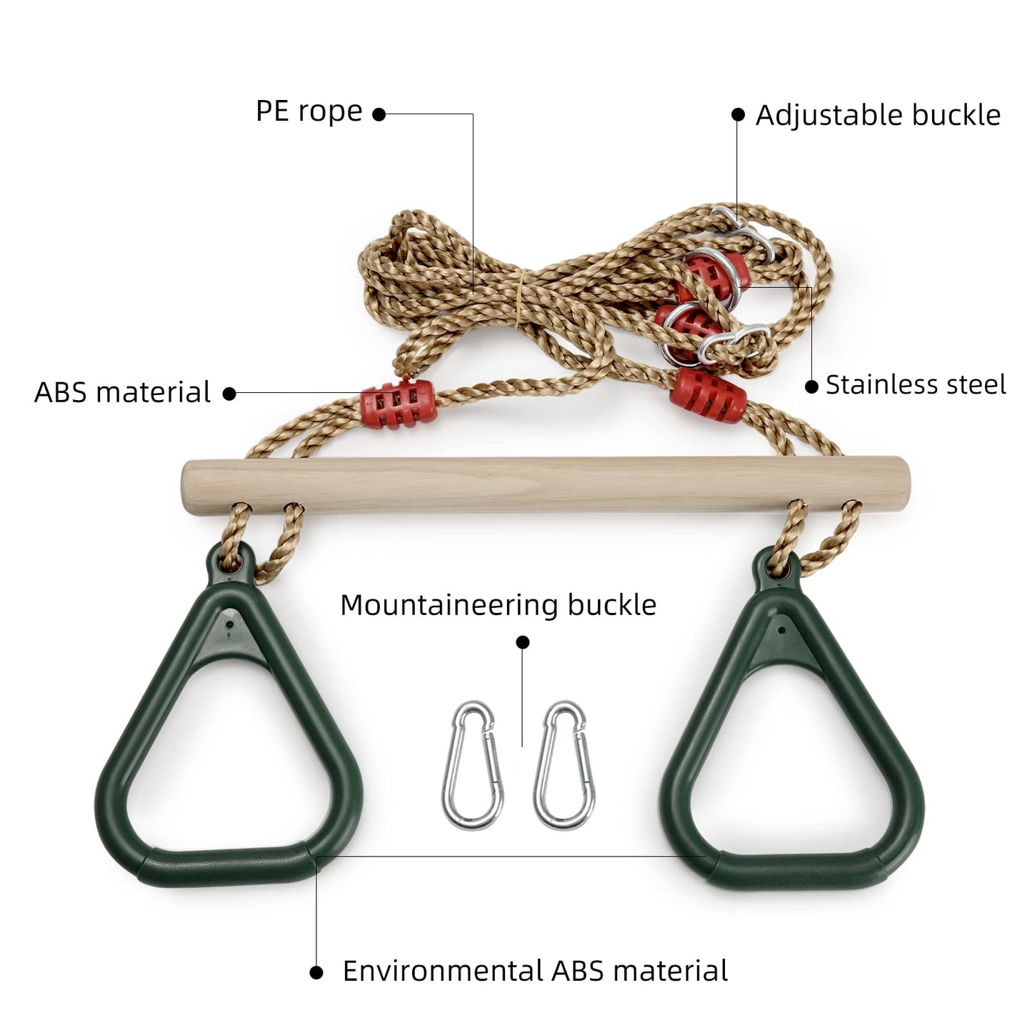 PELLOR Multifunction Kids Wooden Trapeze Swing with Plastic Gymnastic Rings for Hanging, Load Capacity up to 160KG Green