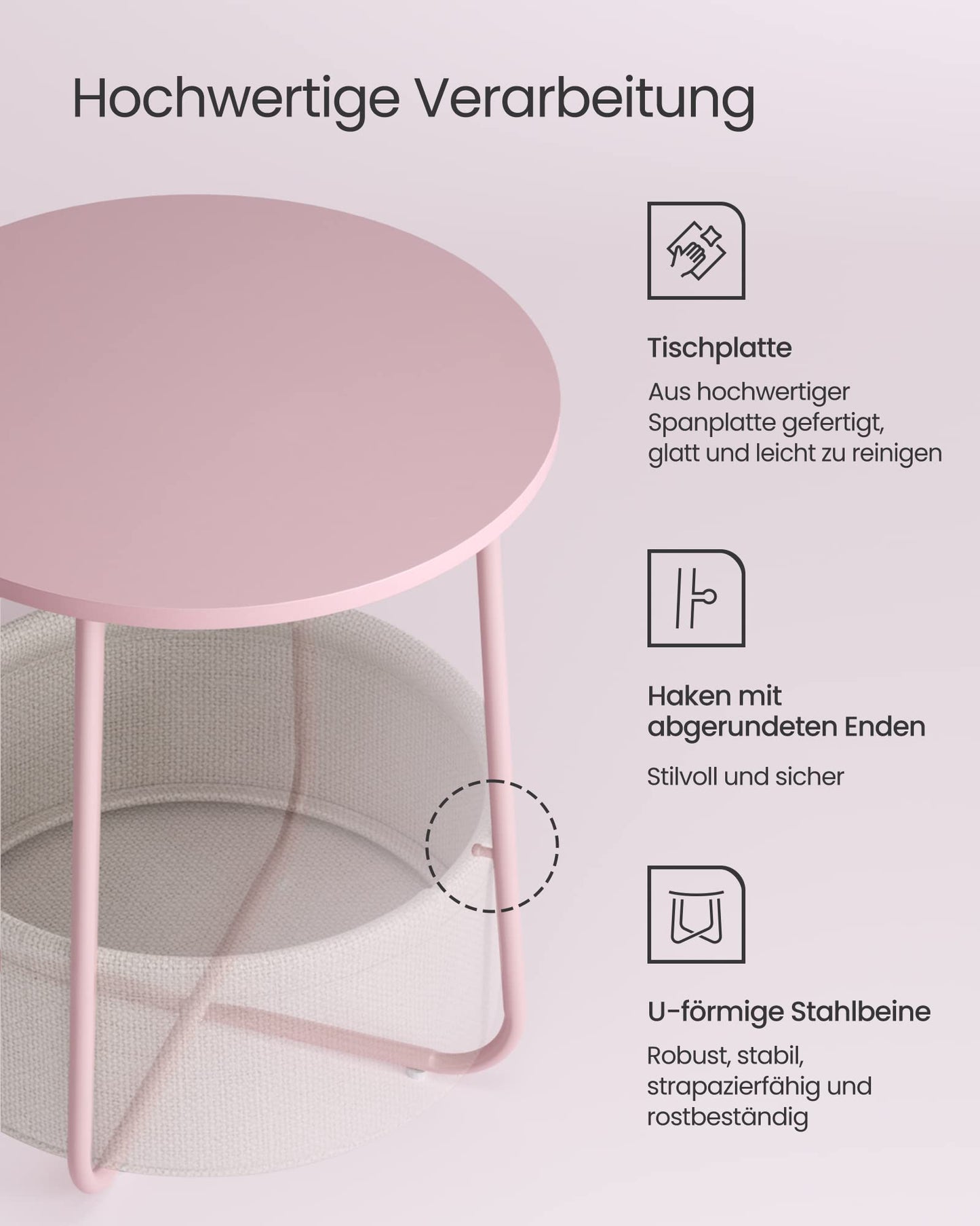 VASAGLE Round Side Table, Small End Table, Small Coffee Table, Living Room Table, Fabric Basket, Storage for Living Room Bedroom, Modern Nightstand, Pastel Pink-Cream White LET223R61