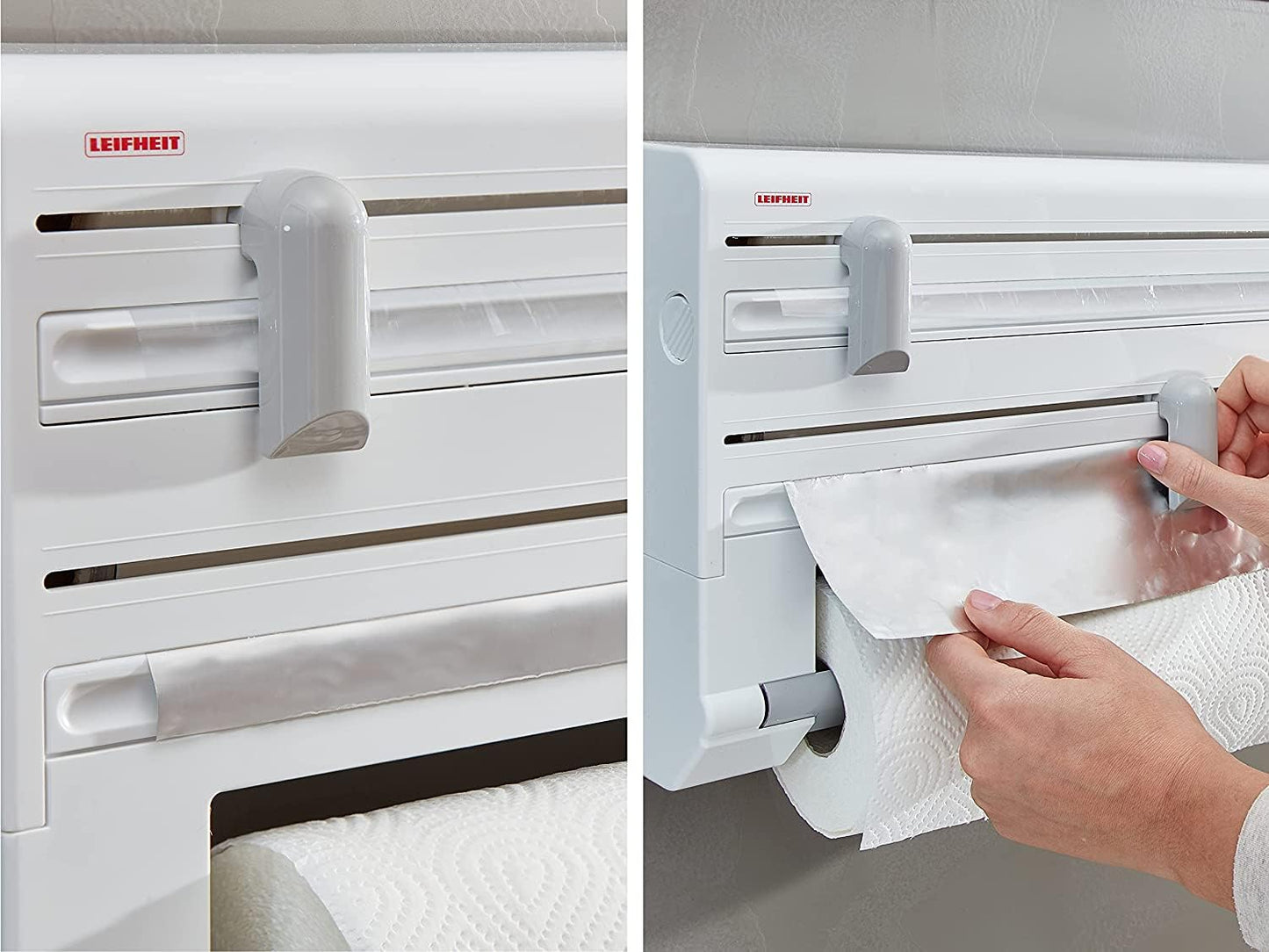 Leifheit Wall-Mounted Paper Towel Holder Parat ComfortLine Series for 3 rolls, clean cut edges with practical cutting blade, kitchen roll holder with foil cutter ensures convenient foil ends.