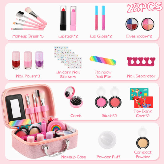 SLEMAKO Kids Makeup Set for Girls, 29PCS Washable Makeup Case for Girls, Halloween Christmas Birthday Gifts for Girls 3 4 5 6 7 8 9 10 Years