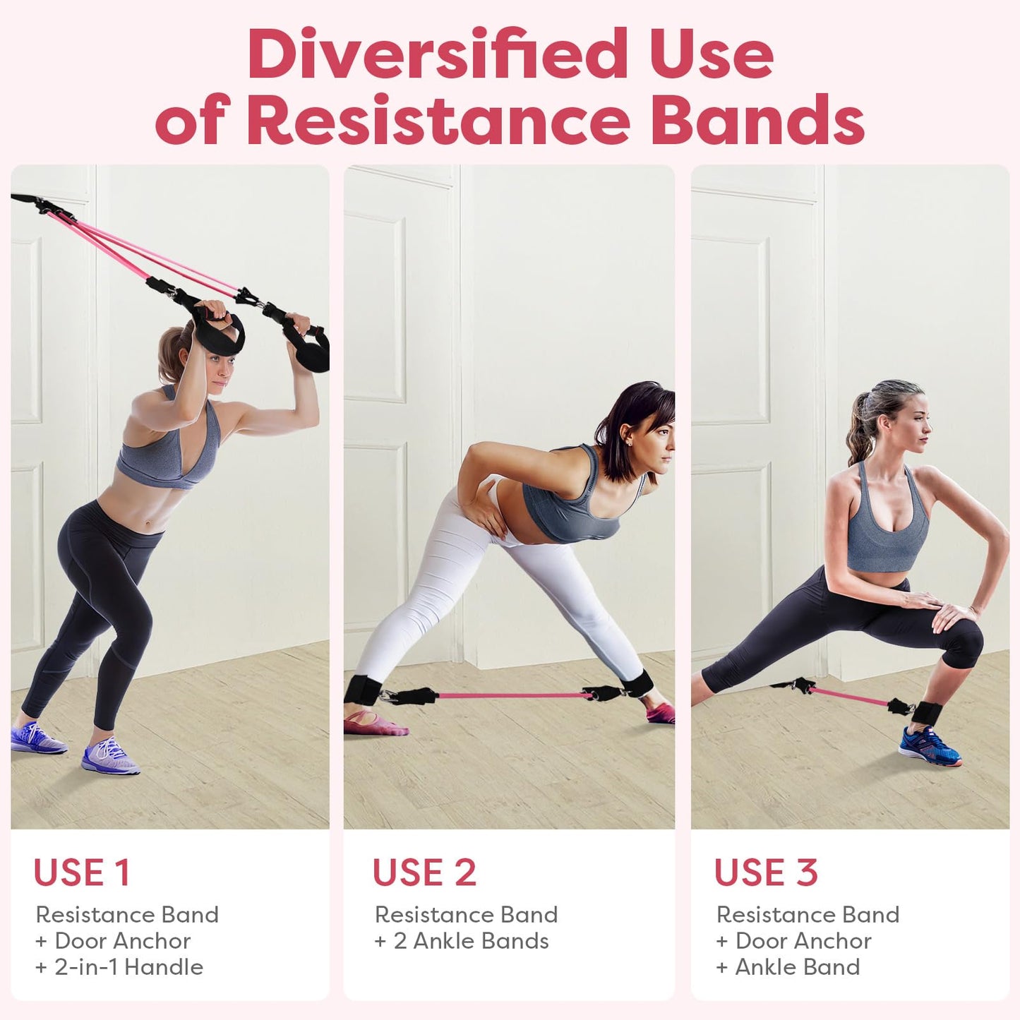Adjustable Pilates Bar Kit with 6 resistance bands foam handle ankle straps and door anchor for legs hips portable fitness equipment for home for yoga Pilates Stretch shaping Rose