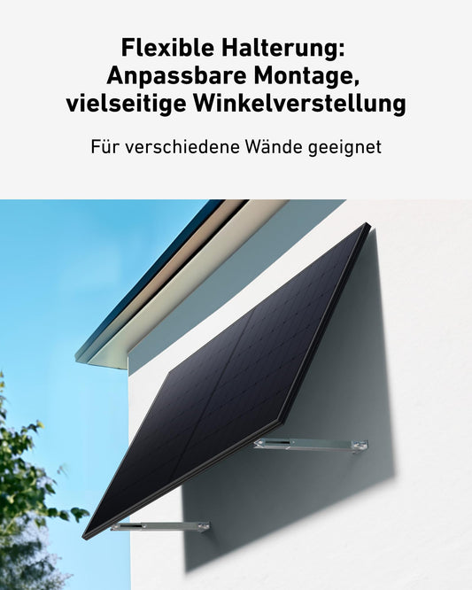 Anchor SOLIX Solar Panel Wall Mount, 2-panel, adjustable length and tilt (15°-30°), weatherproof and sturdy aluminum alloy, Silver, Solar Panel Mount for balcony power plants.
