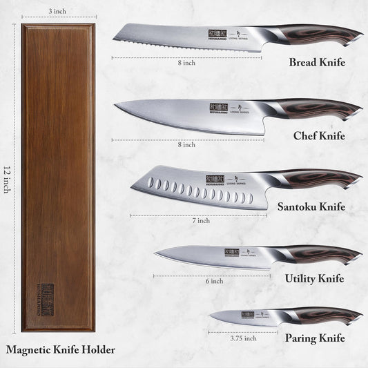 HOSHANHO 6-piece Knife Set, Ultra Sharp Kitchen Knife Set with Magnetic Knife Holder, Professional High Quality Carbon Steel Cooking Knife Set, Ergonomic Pakkawood Handle