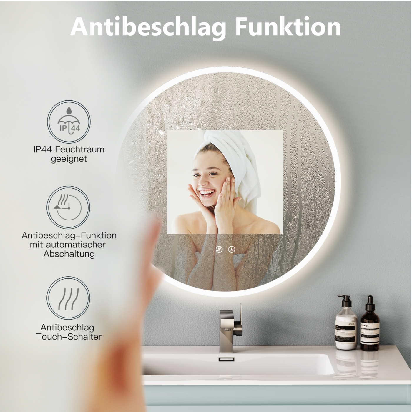 HOKO bathroom mirror 60cm ULM, with ANTI-FOG MIRROR HEATING, round bathroom mirror with LED lighting and with touch switch + LED change - Warm White - Cool White - Neutral.