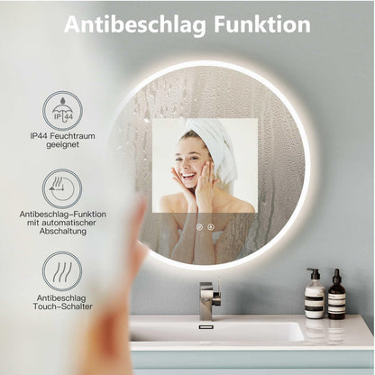 HOKO bathroom mirror 60cm ULM, with ANTI-FOG MIRROR HEATING, round bathroom mirror with LED lighting and with touch switch + LED change - Warm White - Cool White - Neutral.