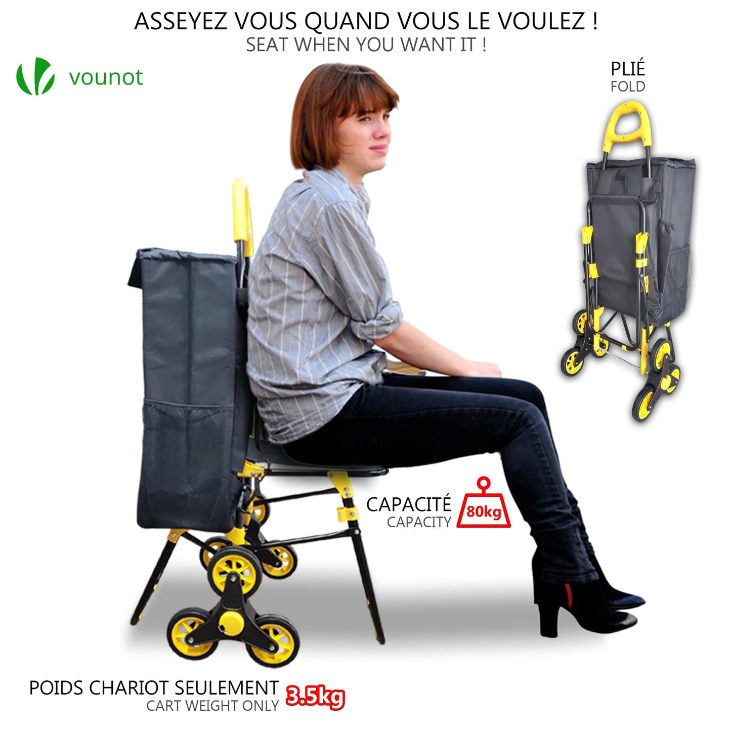 VOUNOT Shopping cart stair climber with cooler compartment and folding seat, foldable shopping trolley with 3 wheels, 40 L.