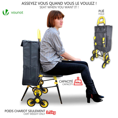 VOUNOT Shopping cart stair climber with cooler compartment and folding seat, foldable shopping trolley with 3 wheels, 40 L.