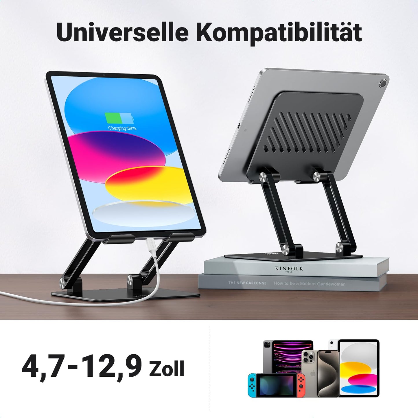 UGREEN Tablet Stand Adjustable Holder Aluminum Foldable Phone, compatible with iPad Pro Air Mini 11 12.9 Galaxy Tab S9 Huawei MatePad iPhone 16 15 up to 12.9 inches (Black)