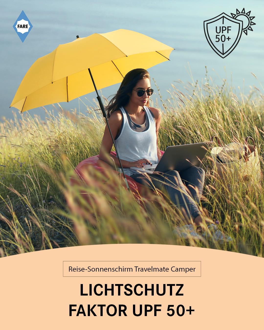FARE Travel-Sun Umbrella Travelmate Camper - Lightweight & Compact, UV protection UPF50+, Perfect for Travel, Beach, Outdoor & Camping - Can also be used as a rain umbrella.