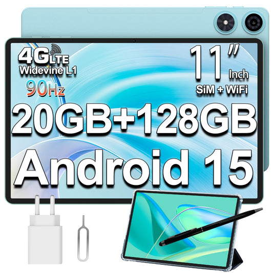 TECLAST P50 90Hz 11-inch Android Tablet, 20GB RAM+128GB ROM (expandable up to 5TB), 4G LTE Dual SIM+5G WiFi, 2GHz Octa-Core CPU, Widevine L1/7000mAh/GPS/8MP/GMS/3.5MM Jack, Tablet with Stylus + Case [2025]